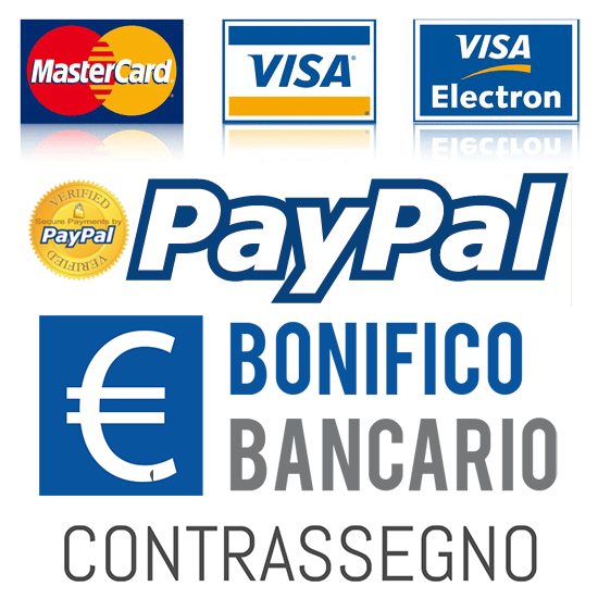 Accettiamo pagamenti con Carta di credito, 
PayPal,  Amazon Pay, Bonifico Bancario